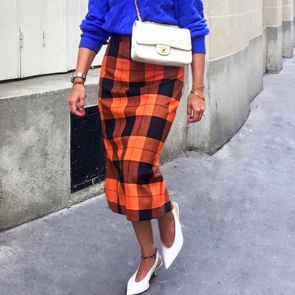 Zara Pumpkin Plaid High Waist Midi Skirt